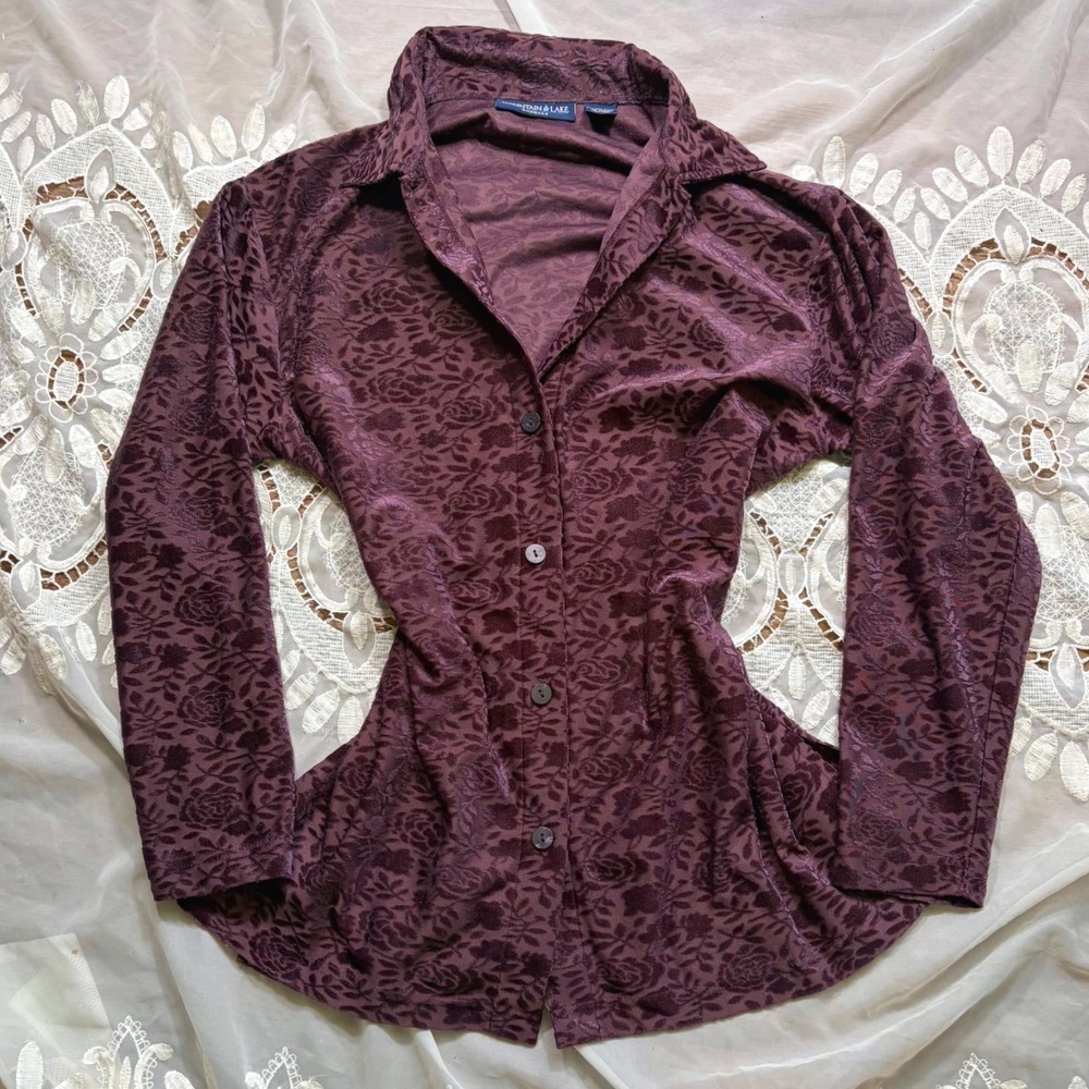 Whimsical Fall Goth Eggplant Plum Purple Burnout Velvet Rose Floral Button Up